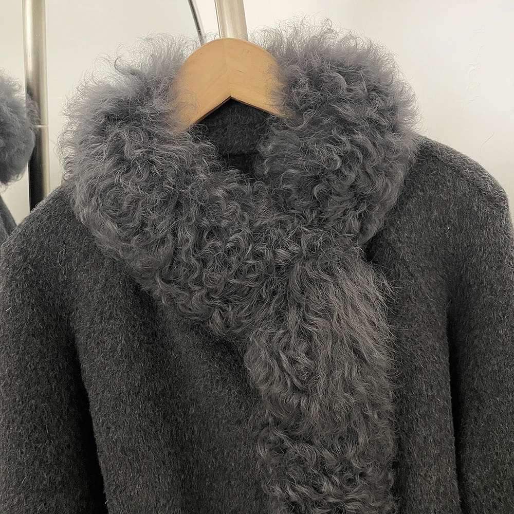 OFTBUY Neue Winter-Wollkleidung für Damen, Mittellanger Mantel mit Gürtel, 100% Wolle, Vollkurviger Kragen aus mongolischem Schaffell, Oberbekleidung für Frauen – Detail 4
