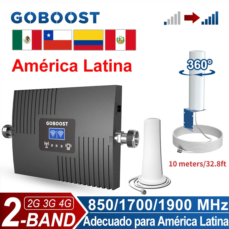 GOBOOST 2 Band Signal Repeater 2G 3G 4G LTE GSM Network Cellular Signal Amplifier 850 1700 1900 MHz Cellphone Signal Booster Set