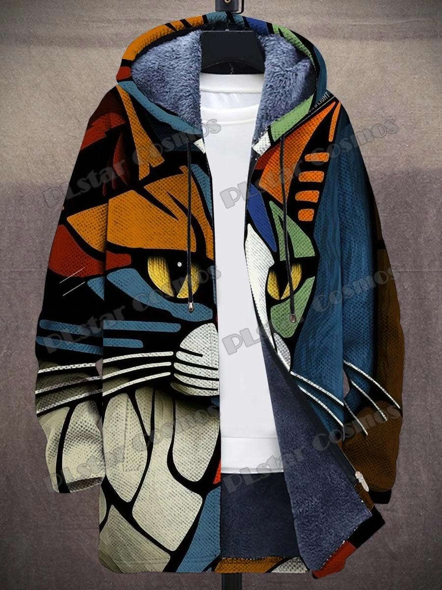 Abstract Art Cat Pattern 3D All Over Printed Fashion Men\'s Plush Thick Hooded Coat Winter Unisex Casual Warm zipper jacket CM01