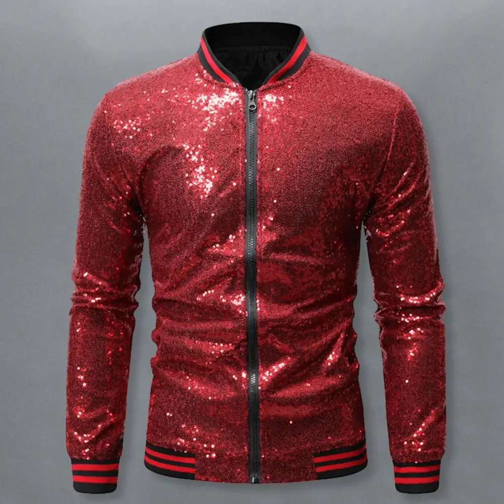 Men Sequin Jacket Stand Collar Shiny Long Sleeves Slim Fit Zipper Closure Cardigan Mid Length Stage Show Dance Performance Coat