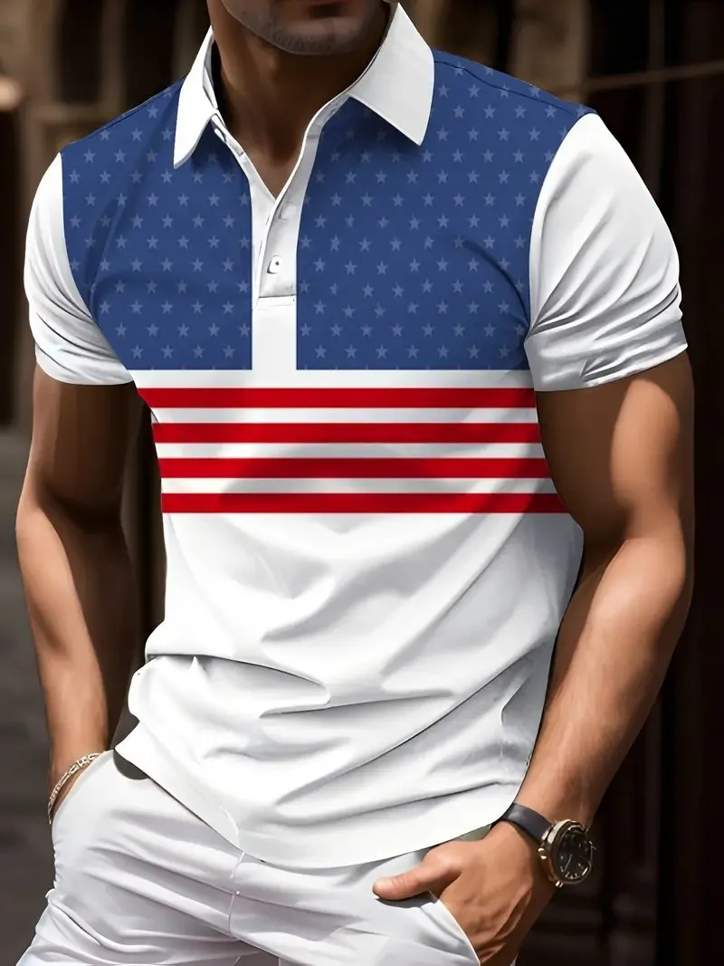 Business Casual Mens Polo Shirt Striped Print Short-sleeved Tees Fashion Casual Loose Short-sleeved Tops Plus Size Mens Clothing