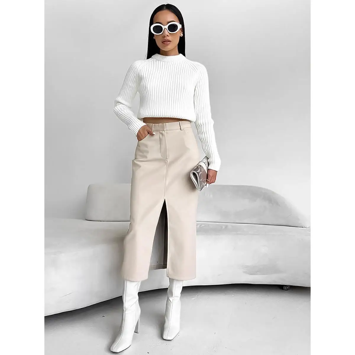 

Асимметричная юбка с высокой талией Fce на подкладке из искусственной кожи, весенне-осенняя модная женская одежда, корейский ...