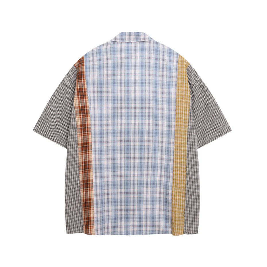 Patchwork Plaid Shirts Mens Streetwear Hip Hop Short Sleeve Shirt for Men Oversized Harajuku Vintage Japan Style Casual Blouse