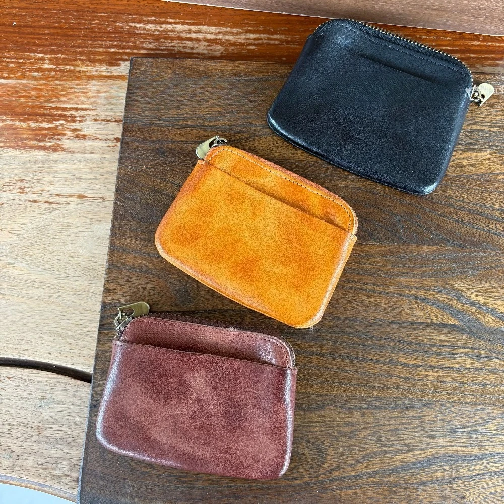 Vegetable-tanned leather minimalist coin purse and document holder, portable card holder for bank cards,vintage small wallet
