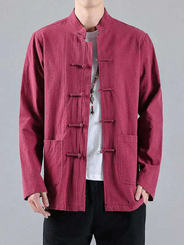 

Men's Cotton Linen Shirt Chinese Style Buttoned Tang Suit Retro Topcoat Spring Citywalk Standard Fit Long Sleeve Collar