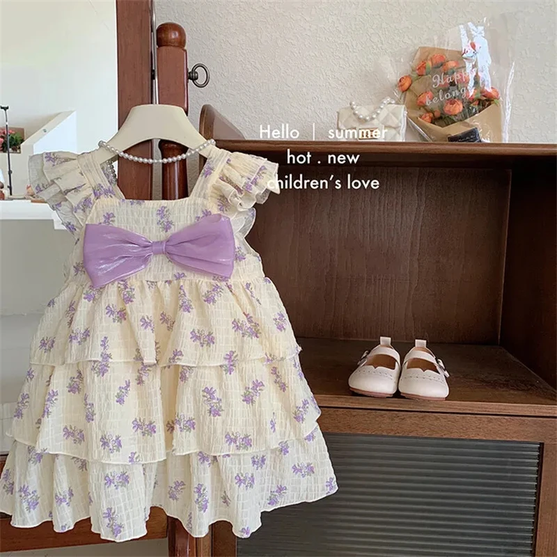 New Girls Party Dress Toddler Summer Cute Elegant Bow Cake Dress bambini vestono 1-9 anni vestiti per feste di compleanno per bambini