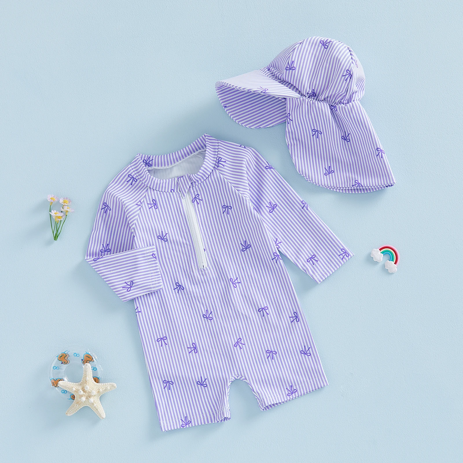 Summer Newborn Baby Girls Rash Guard Swimsuits Cute Striped Bow Printed Long Sleeve Swimwear with Hat Bathing Suits Beachwear