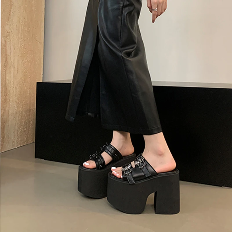 

13cm Heeled Sandals For Women Black Platform Wedge Heels Slippers Punk Buckle Summer Shoes Size 34-42 Zapatilas Mujer 2024