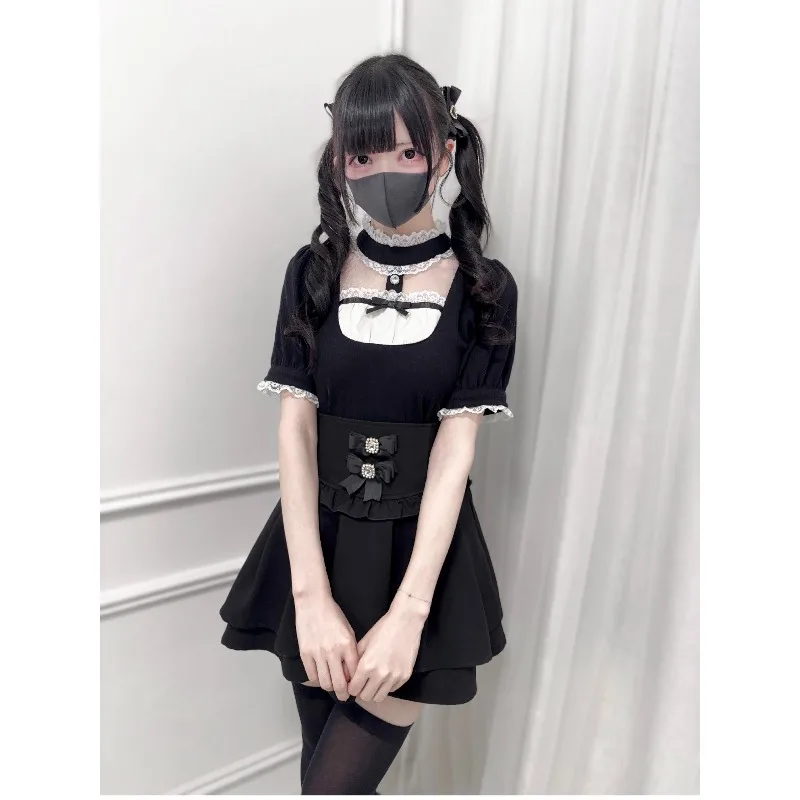 Autumn New Japanese Rojita Sweet Blouse Lace Stand Collar Bow Decoration Short Sleeves Blouse Knitted Top Mass Production Shirt