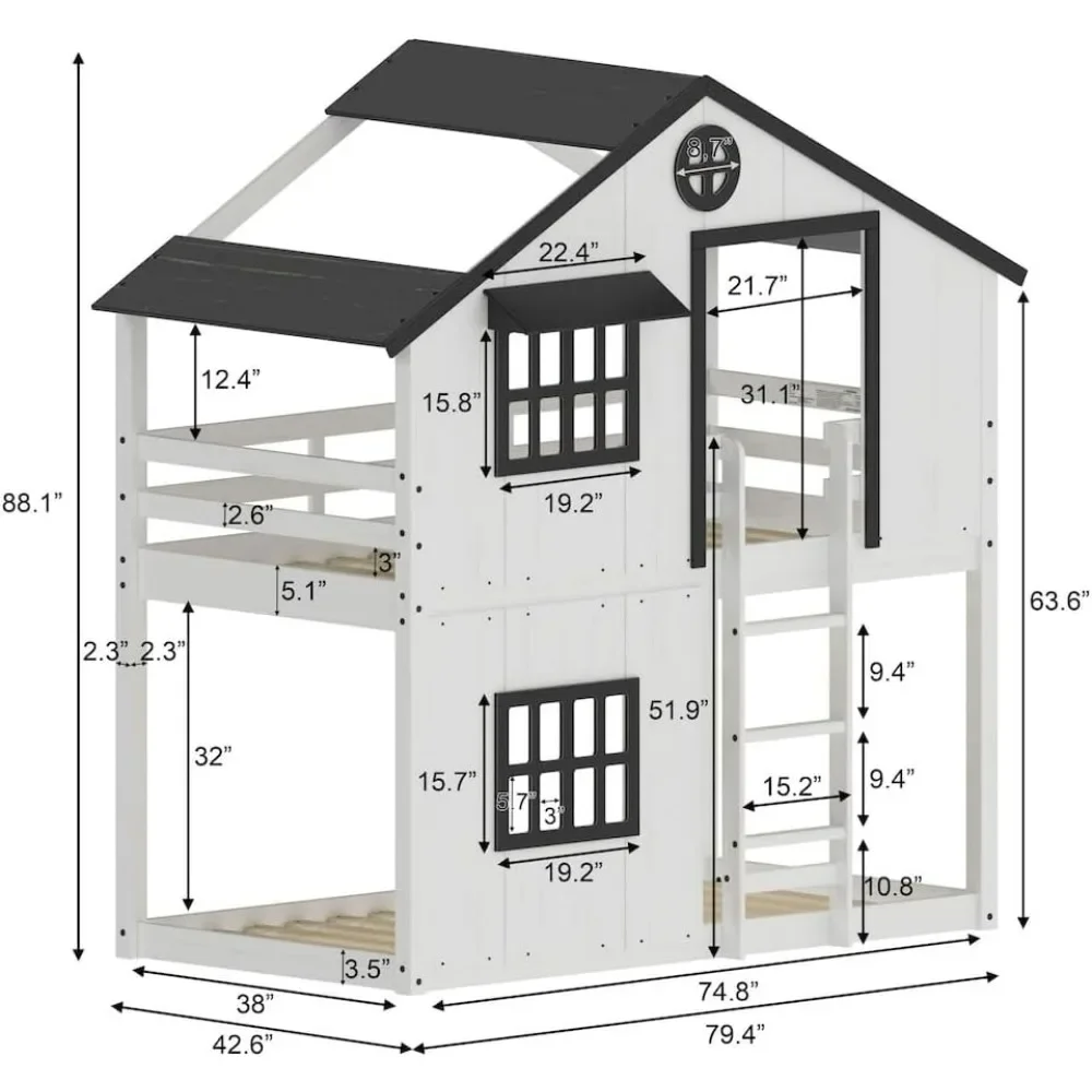 Child Craft Modern boerderij Twin Over Twin stapelbed voor kinderen, laag houten Montessori stapelbed, gemakkelijk toegankelijke ladder tot bovenste stapelbed