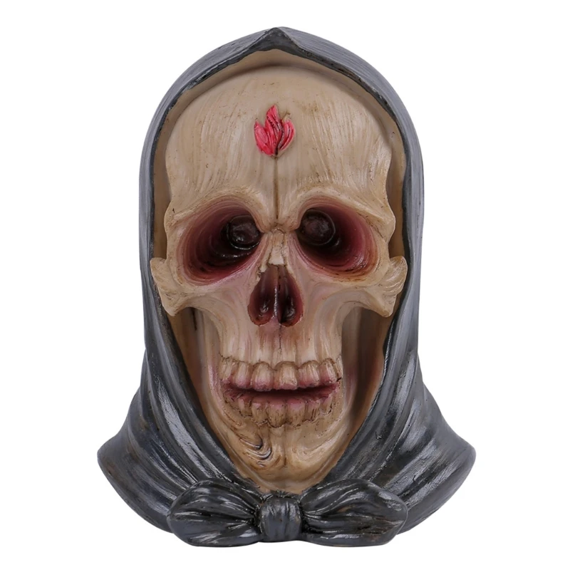 

Scary Hooded Skull Head Statue Figurine Resins Skeleton with Hat Sculpture Halloween Ornament for Indoor Desktop Drop shipping