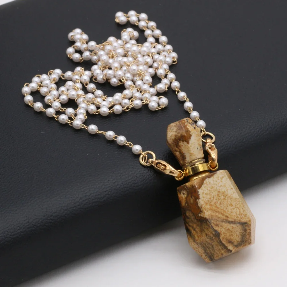 Natural Perfume Bottle Pendant Necklace Amethysts Rose Quartzs Essential Oil Diffuser Pendant Pearl Chain Necklace Women Jewerly