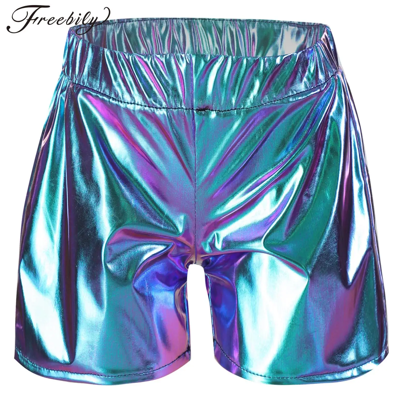 

Kids Girls Shiny Metallic Dance Shorts Hip-pop Jazz Cheerleading Costume Elastic Waistband Shorts Bottoms for Stage Performance