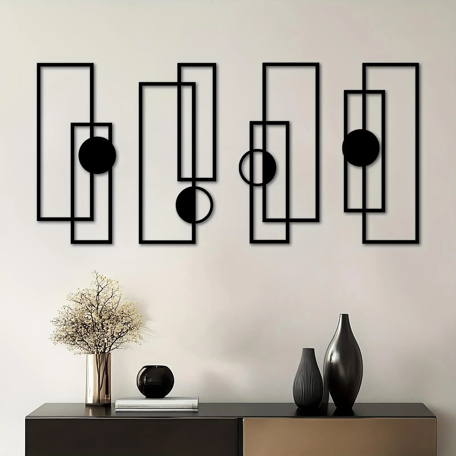 A Set of Four Stylish Metal Signs and Plaques, Designed for Modern Minimalist Decoration, Featuring Geometric Patterns Comes with Screws, Easy to Install, Ideal for Enhancing the Ambiance of Your Home, Office, Porch, or Living Room.