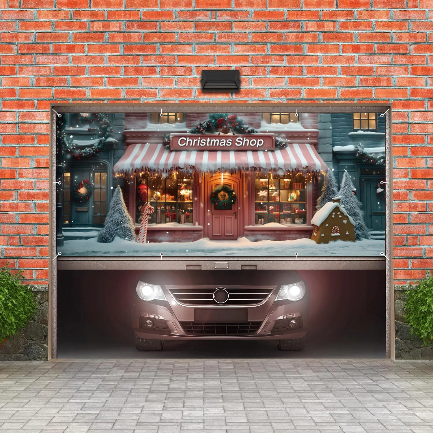 عيد الميلاد متجر المرآب جدار خلفية لافتات الشتاء بريق هدية متجر شجرة عيد الميلاد باب المرآب الإطار للديكور فناء في الهواء الطلق