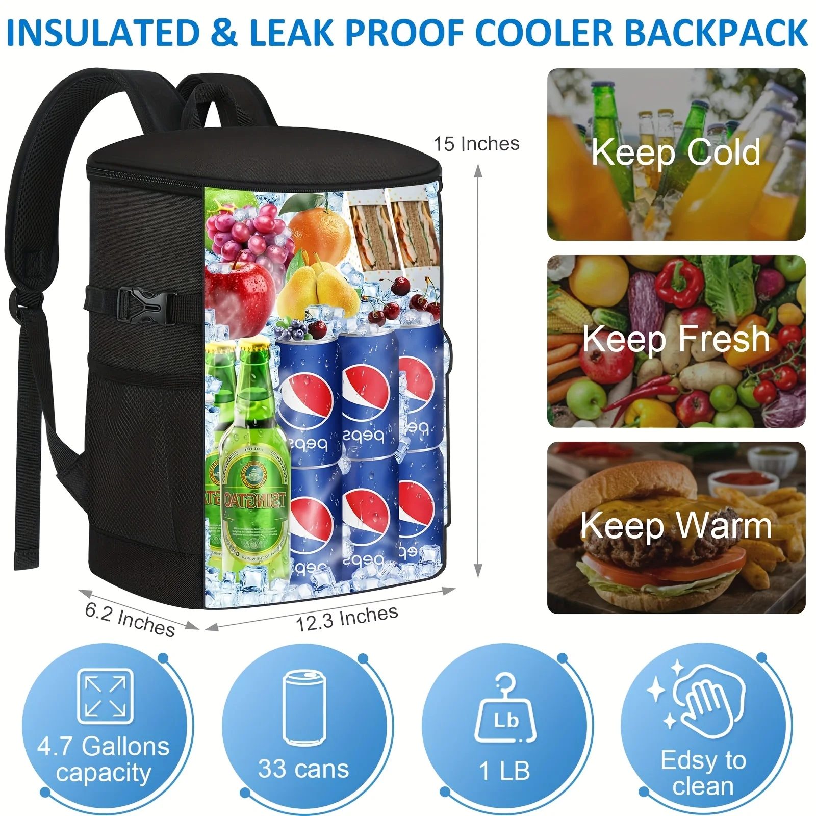 Kühlrucksack, 33 Dosen, Rucksackkühler, isoliert, auslaufsicher, weiche Strandkühltasche für Männer und Frauen, Eistruhenrucksack, Camping, Wandern