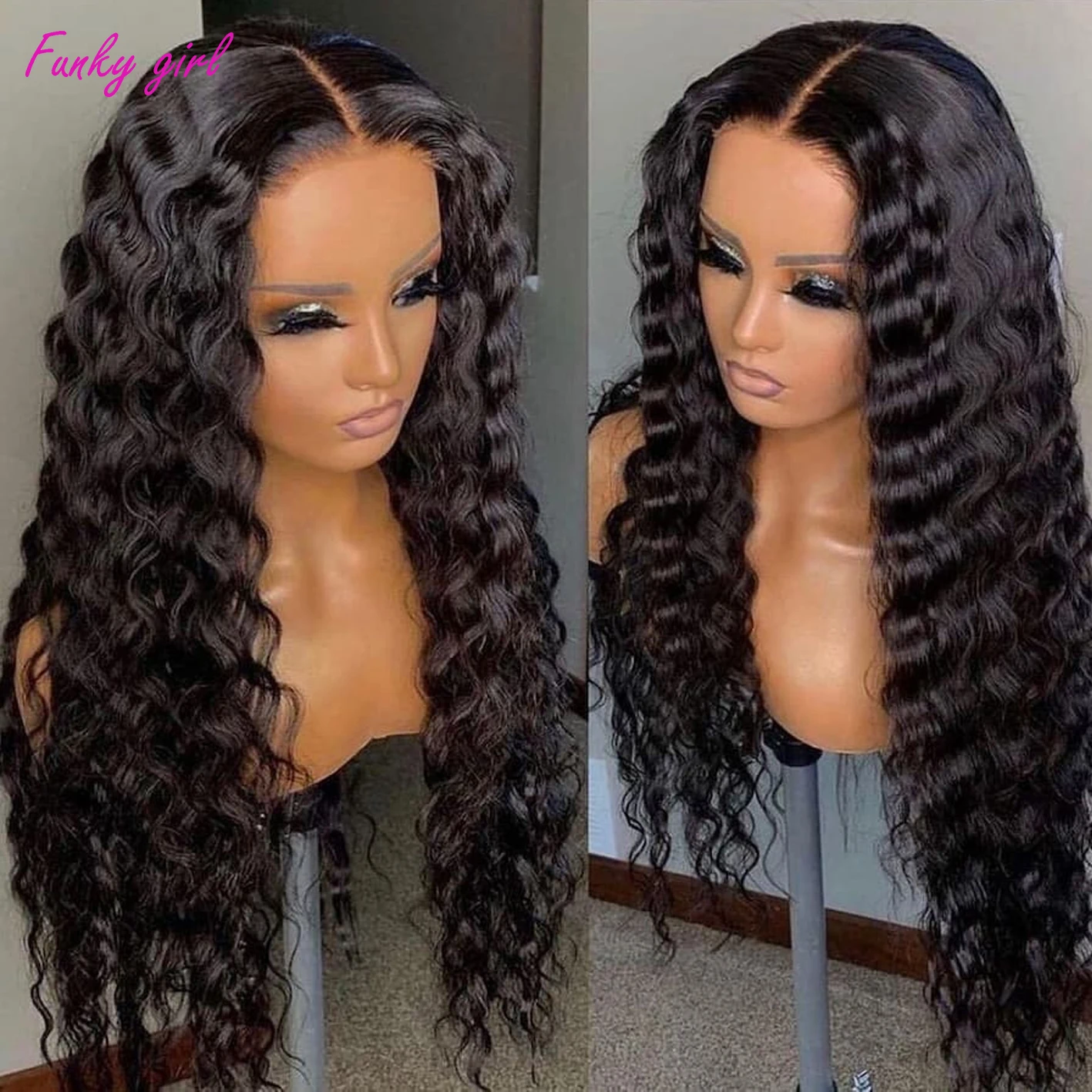 Perruque Lace Front Wig naturelle bouclée, cheveux humains, Deep Wave, 13x4, pre-plucked, avec baby hair, densité 180%