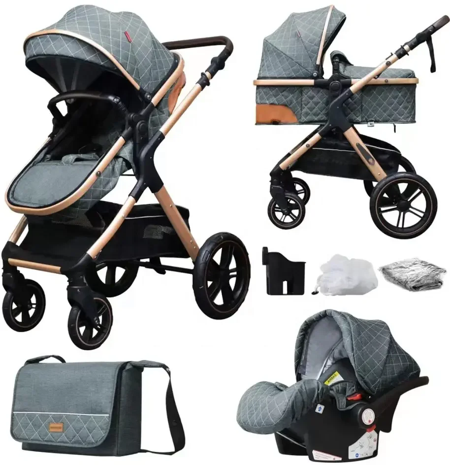 new design hot sale high view 0-36 months two-way push multiple purposes 3-in-1 baby stroller and safety seat with mummy bag