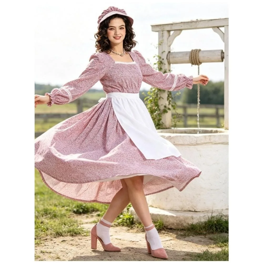 Teenagers Aged 14 and Above Women's Pioneering Colonial Style Clothing with Lace Border Flower Grassland Dress