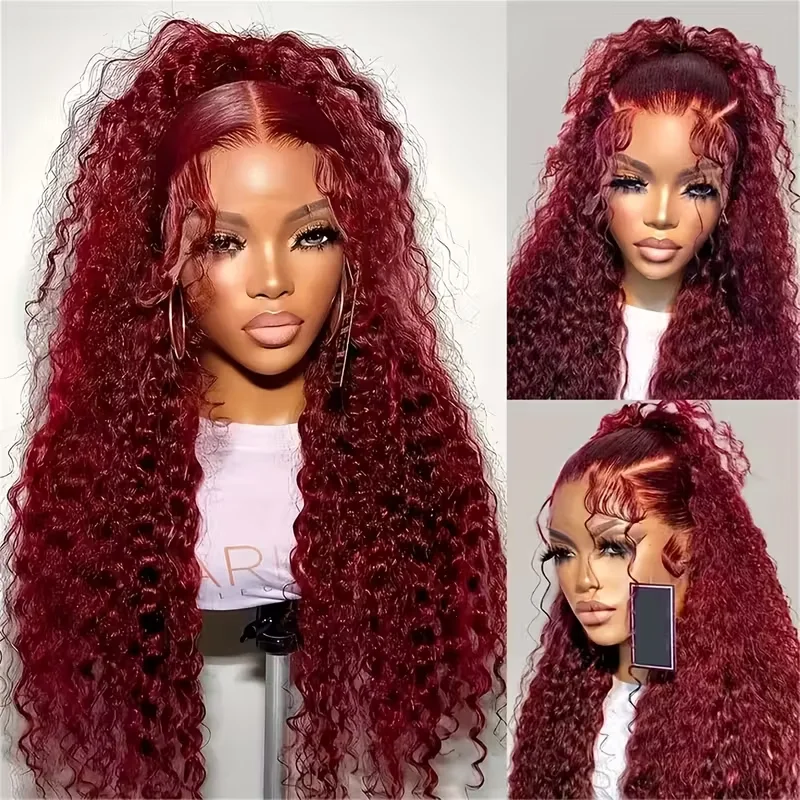 Deep Wave Burgundy 99J 13x6 Hd Lace Frontal Wig Human Hair 220 Density 36 Inch Curly Human Hair 13x4 Water Wave Red Colored Wig image 6