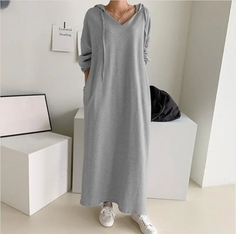 Autumn Women's Dress 2024 New Fashion Simple Retro Hooded Dress Sweatshirt Winter Long Sleeve Pocket Solid Hooded Robe