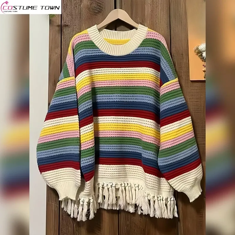 Rainbow striped long sleeved knitted sweater autumn 024 new autumn and winter loose Korean version slimming tassel sweater