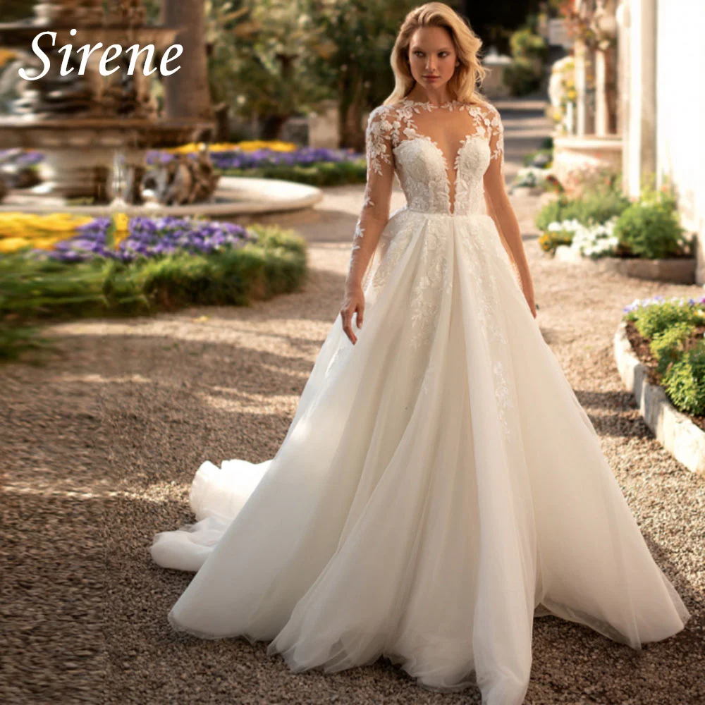 Sirene-vestido De novia De manga larga con cuello en V para mujer, apliques De encaje, botón trasero, tul, Simple, 2024