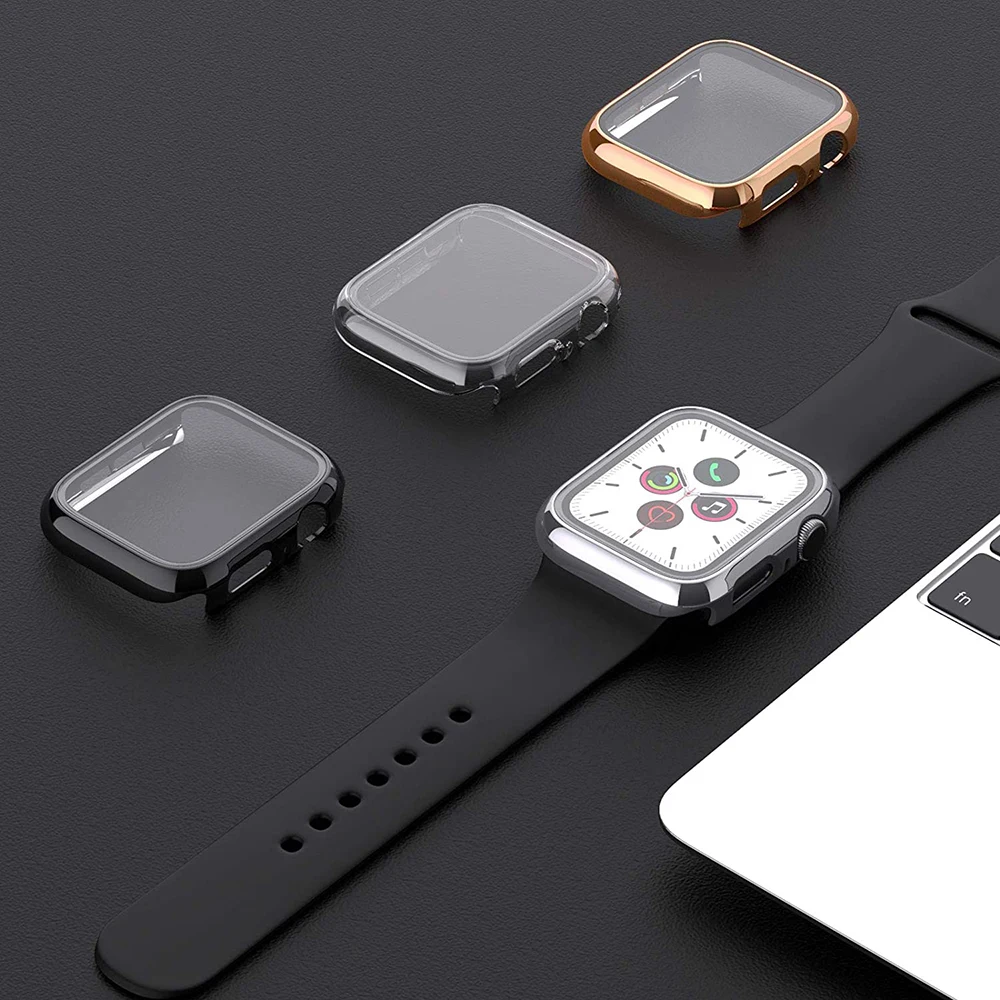 Case for Apple Watch Series 9 45mm 41mm 44mm 40mm 42mm 38mm, Plating Case Glass Screen Protector for iwatch 9 8 7 SE 6 5 4 3 2 1