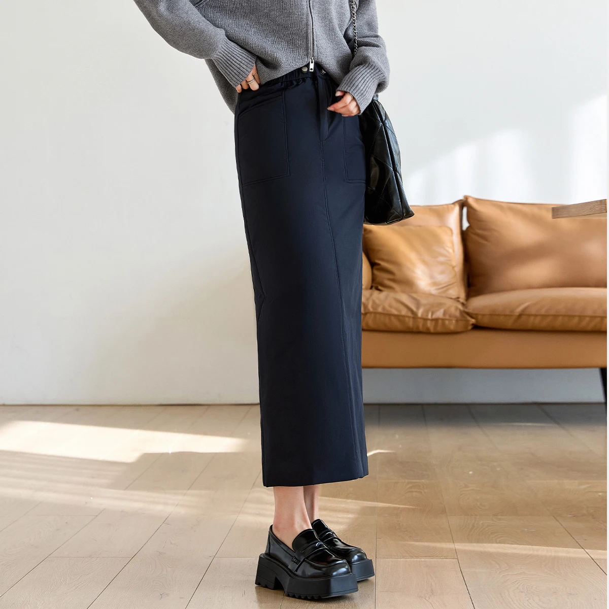 Vimly azul marinho midi saia casual acolchoado em linha reta senhoras saias inverno 2025 senhora do escritório grosso volta fenda saias femininas m9567