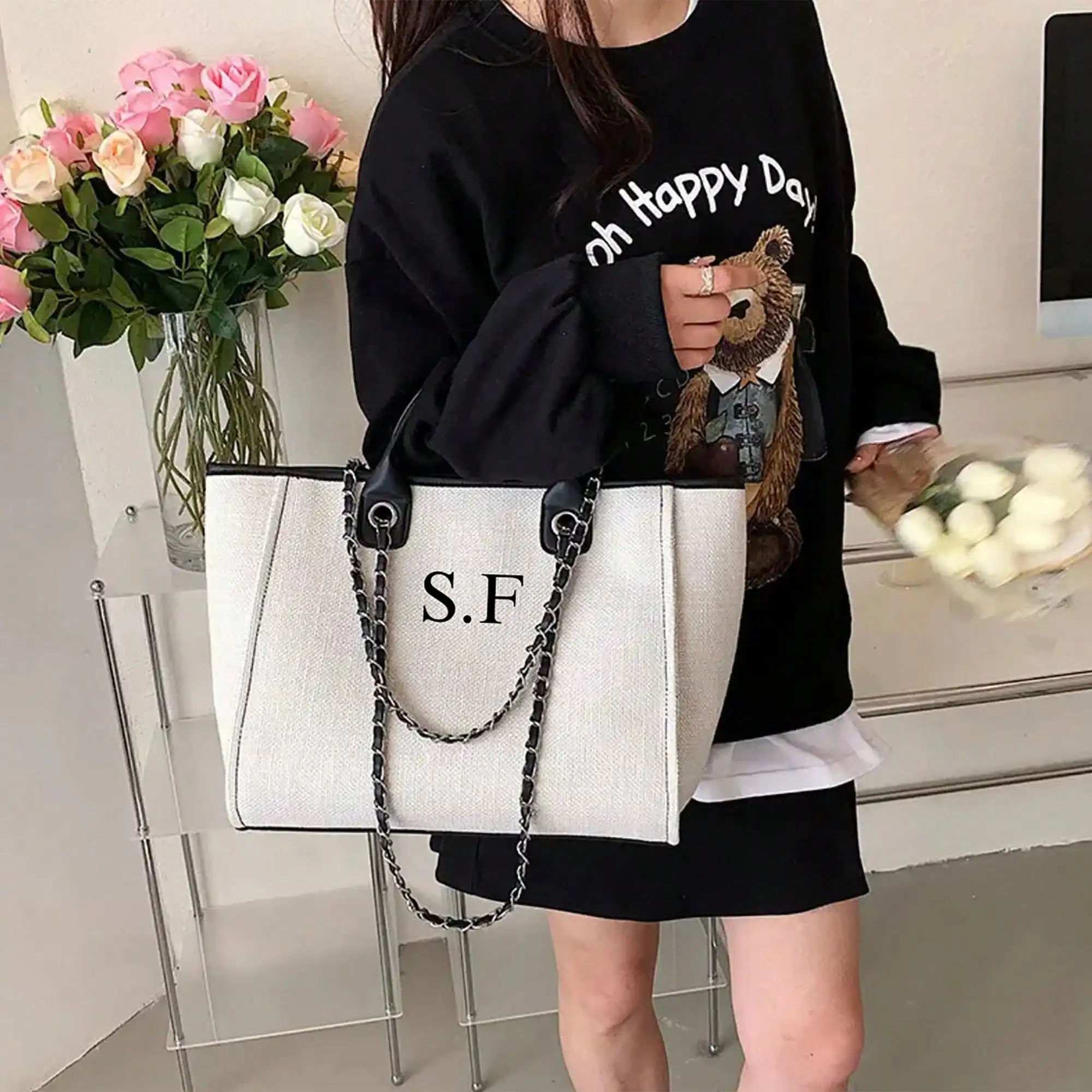 Custom Personalized Large Capacity Korean Women Chain Tote Bag, Designer Crossbody Shoulder Makeup Handbag view 3