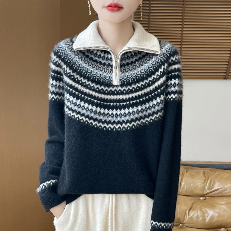 

Sweaters Woman Wool Pullover Winter Knit Stripe Top Zipper Half Open Collar Soft Loose Casual Fashion Knitted Knitwear Clothing