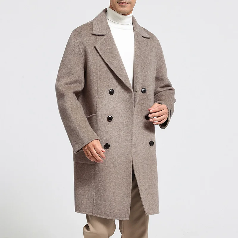 

Men's 100% cashmere thick double-sided long double breasted coat, business casual classic versatile fashion