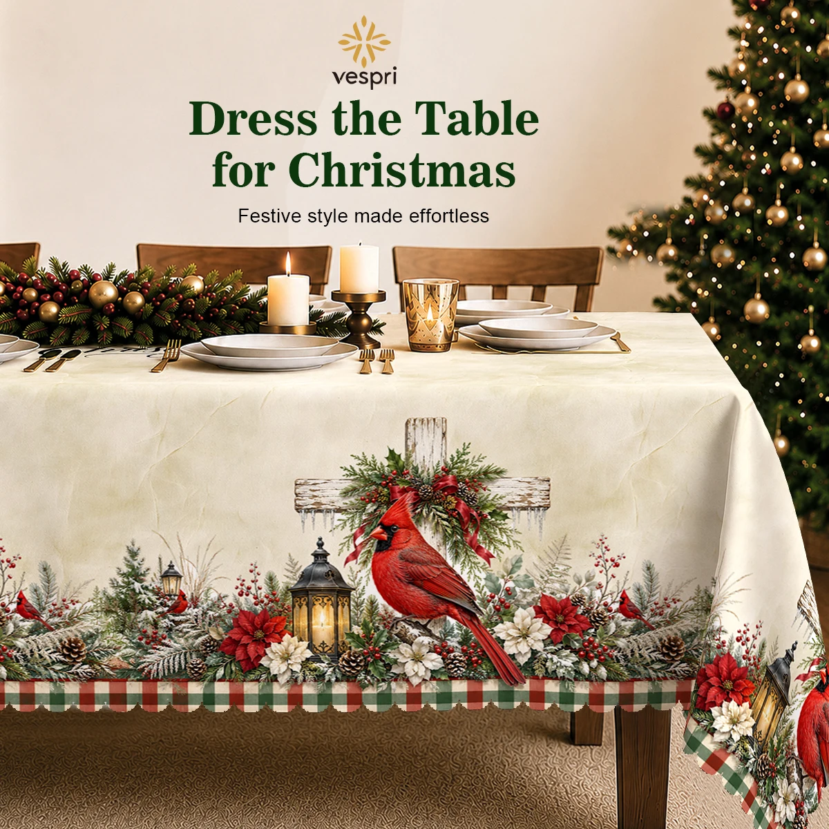 Christmas Tablecloth with Cardinal Birds and Greenery for Holiday Decor