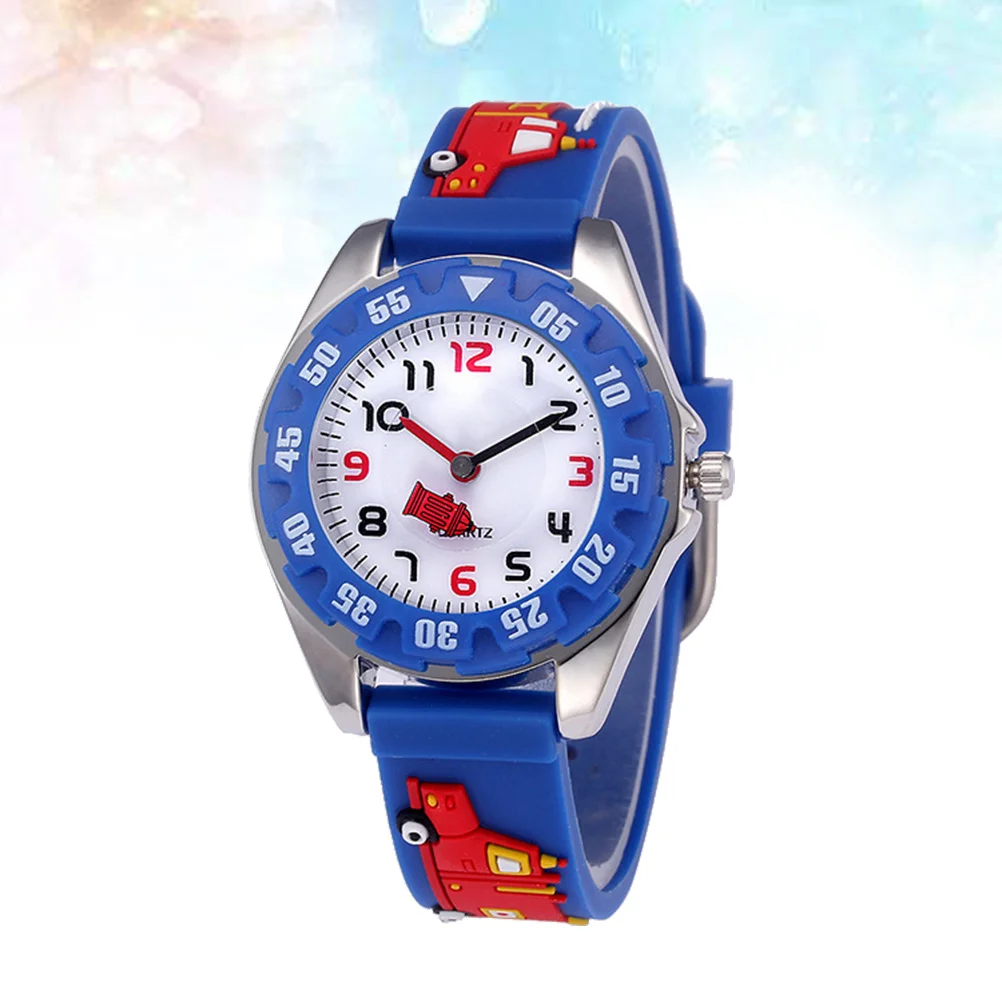 Blue 3D Cartoon Quartz Watch Waterproof Rubber Strap Fire Fighting Truck Theme Large Round Dial Time Clock for