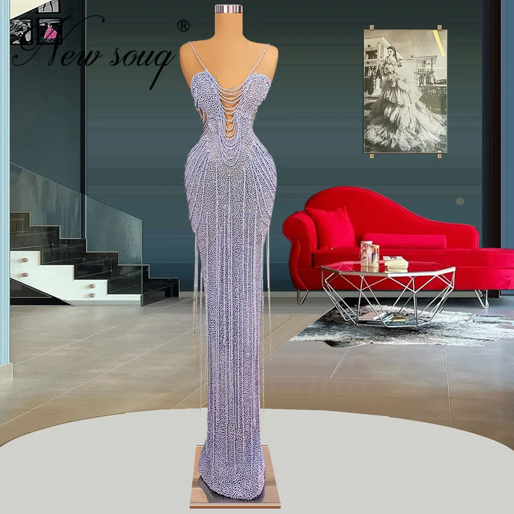 Newest Dubai Lavendar Pearls Prom Dresses Vestidos Elegant Women Evening Party Dresses Couture Celebrity Dress 2022 Abendkleider