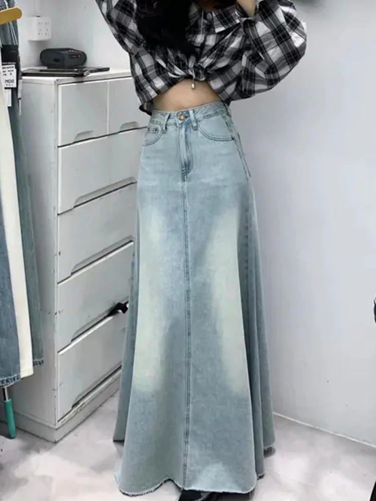 

Faionable Ruffle Hem Denim Skirt High Waist Slimming Women's Midi Skirt Korean Sle A-Line Skirt Spring Summer New Arrival