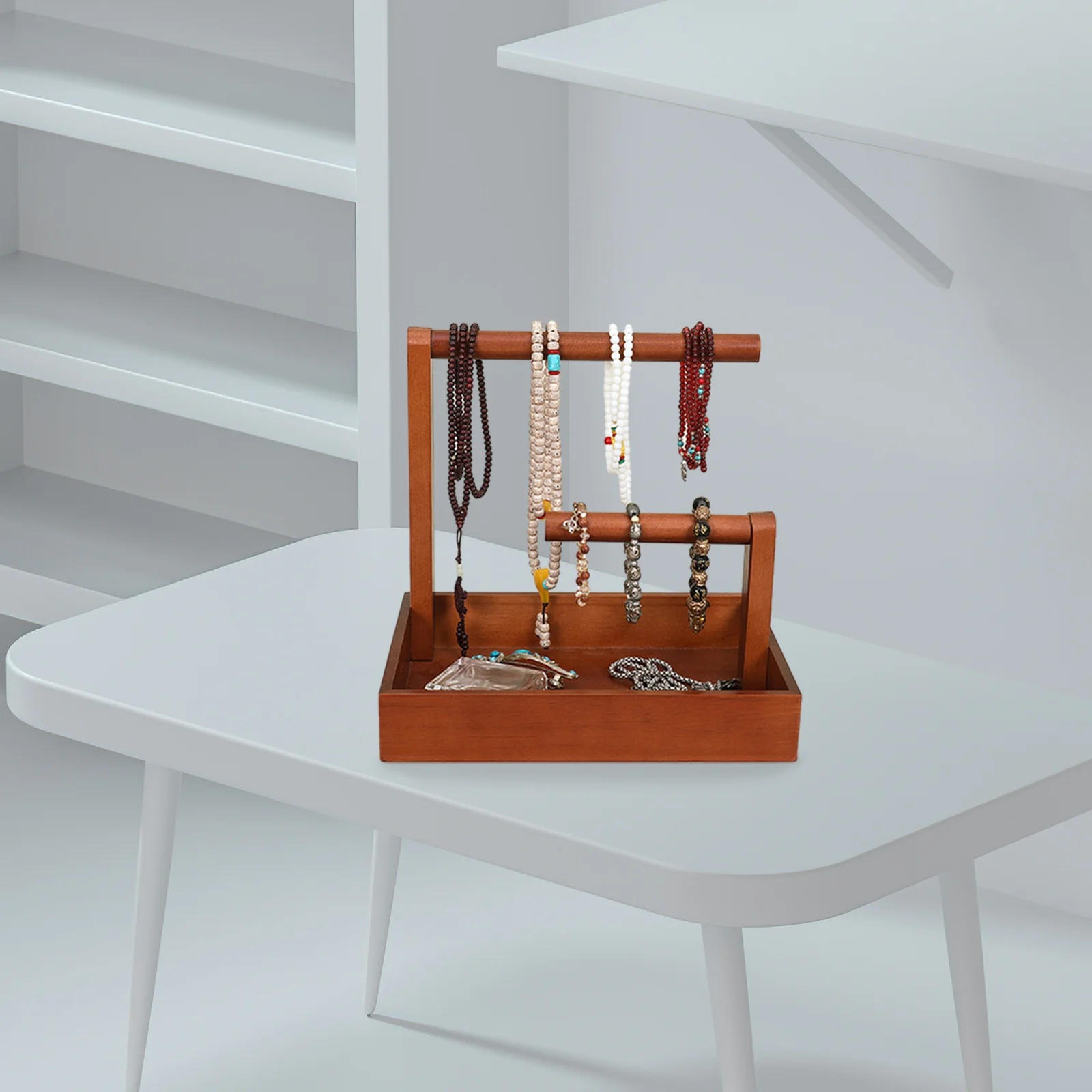 منظم المجوهرات الخشبية، حامل الإسورة، حامل عرض الأساور، رف تخزين الساعات، حامل سوار مزخرف على الطاولة #4