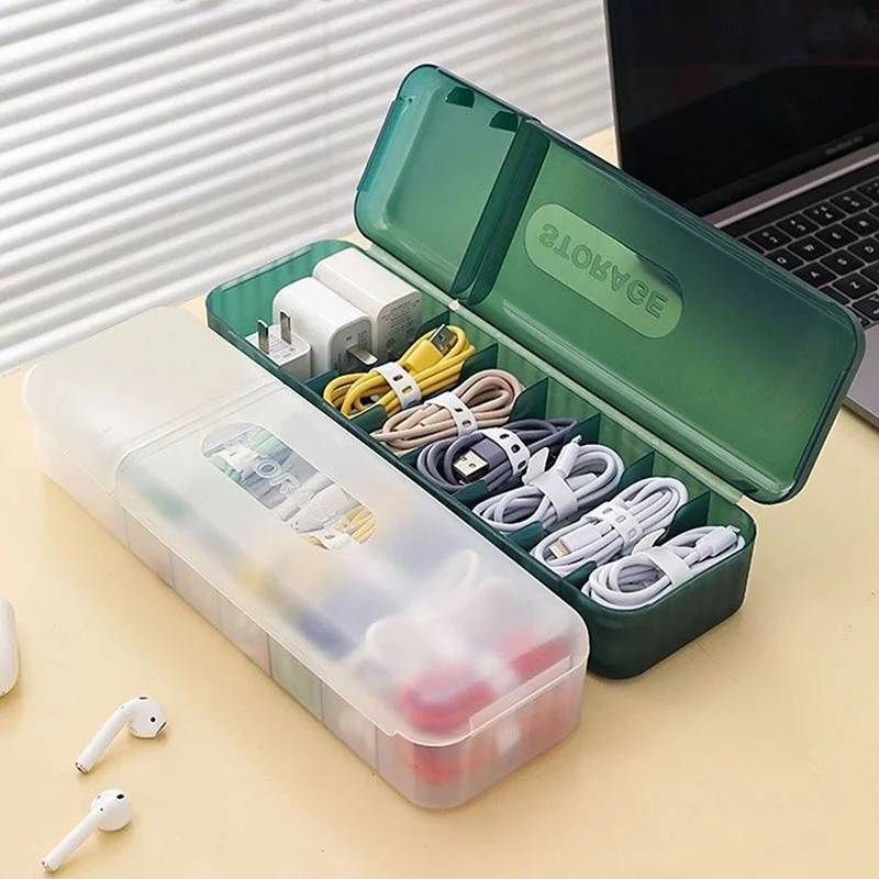 Desktop Cable Organizer Box Portable With 7 Compartment Data Cable Storage Case For Office Charger Cable Electronics Management