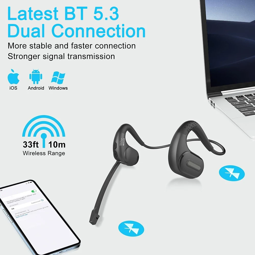 Wireless Bluetooth Headsets with Microphone Wireless Headphones Detachable Mute Button Open Ear Bluetooth Earphones