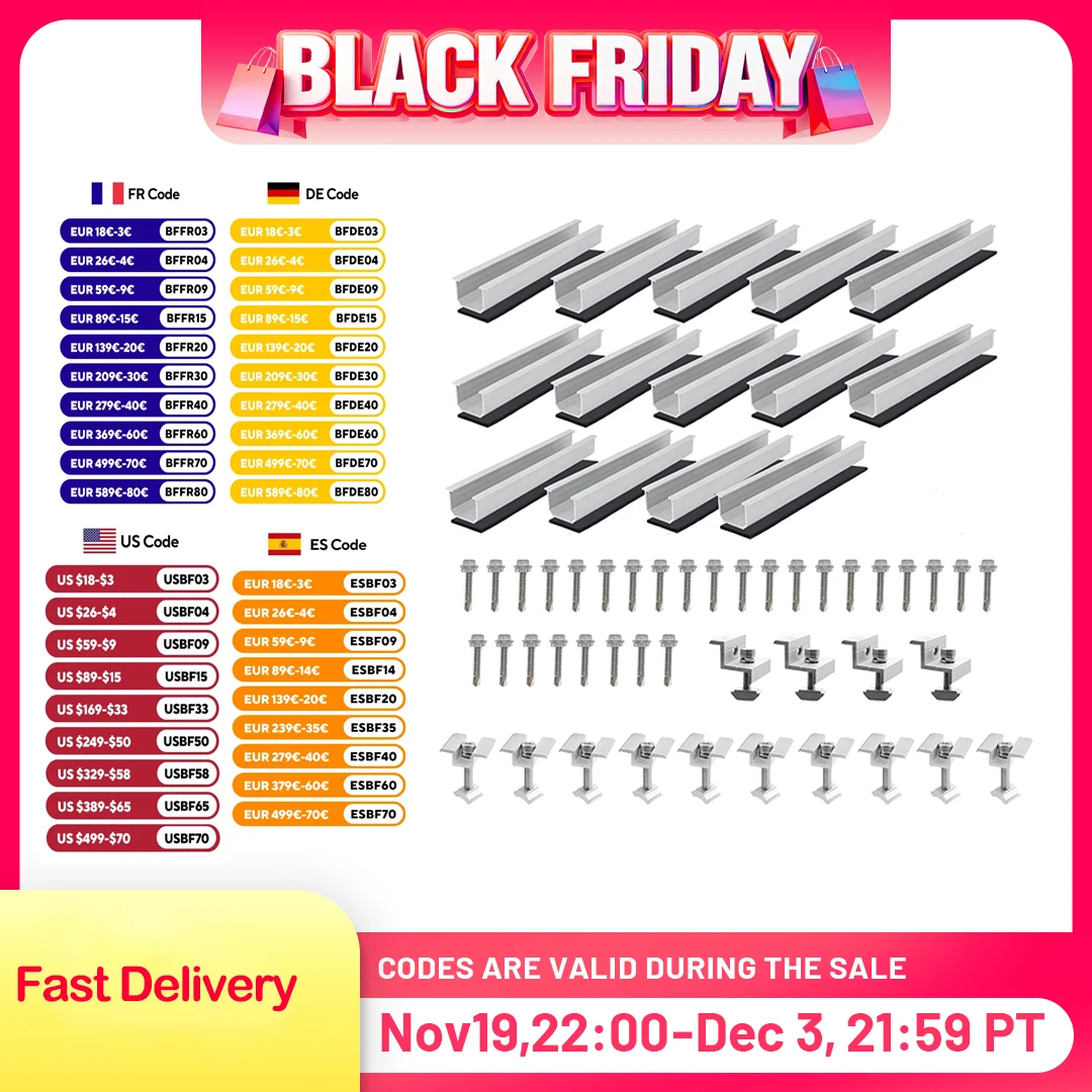 

6/10 Pcs Solar Panel Mount Bracket Kit with 4.72IN/120mm Aluminium Mounting Rail, Solar Mounting Rail Connector