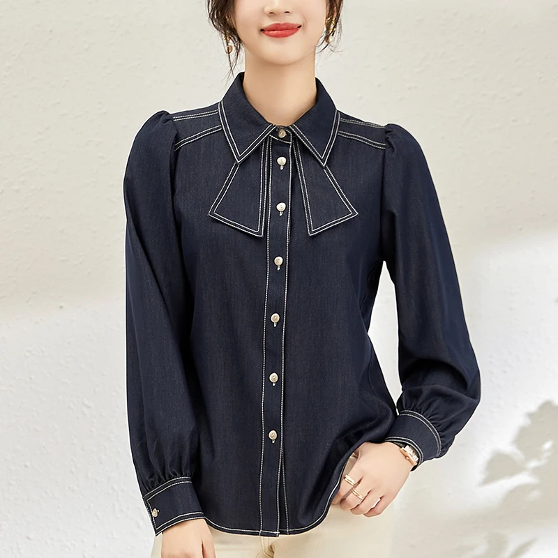 

Elegant Shirts Vintage Blouses For Women Spring Autumn Turn-down Collar Woman Blouse Long Sleeve Women's Casual Denim Shirt Tops