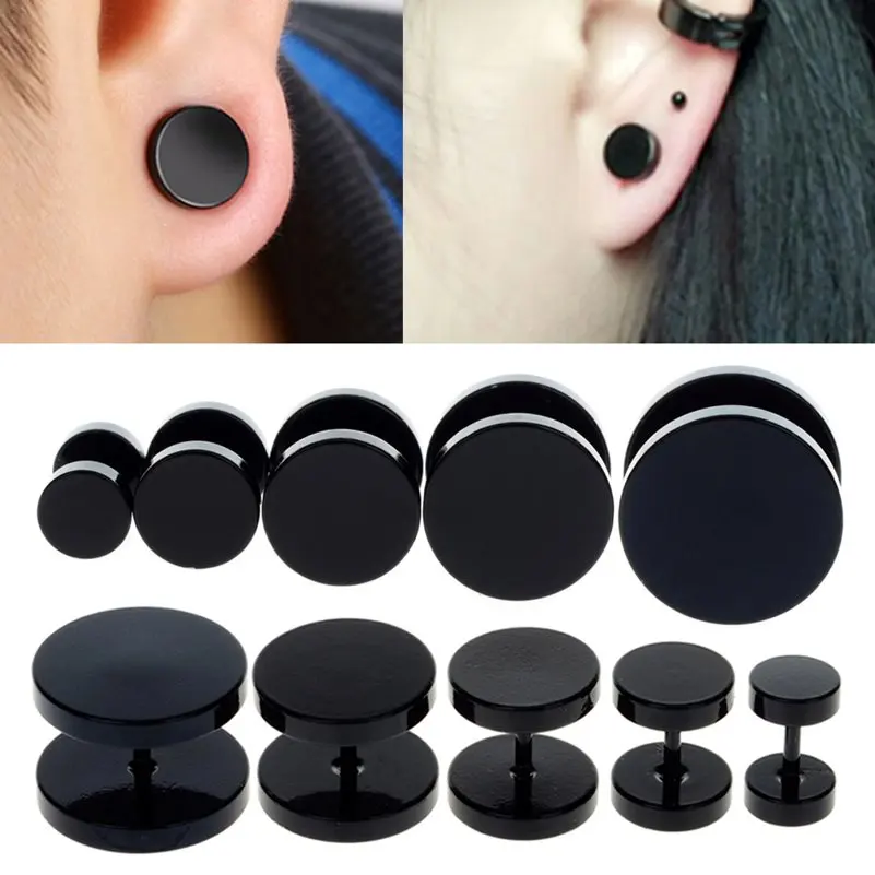 2pcs Black Fake Ear Plug Stud Stretcher Jewelry for Women Men Stainless Steel Ear Tunnel Earring Piercing Body Jewelry 6-14mm