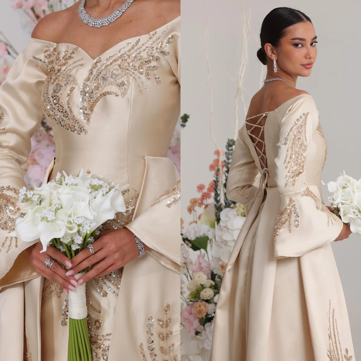 Abito da sposa personalizzato con maniche svasate squisite di lusso champagne, maniche lunghe, spalle scoperte, festa nuziale con paillettes ricamate