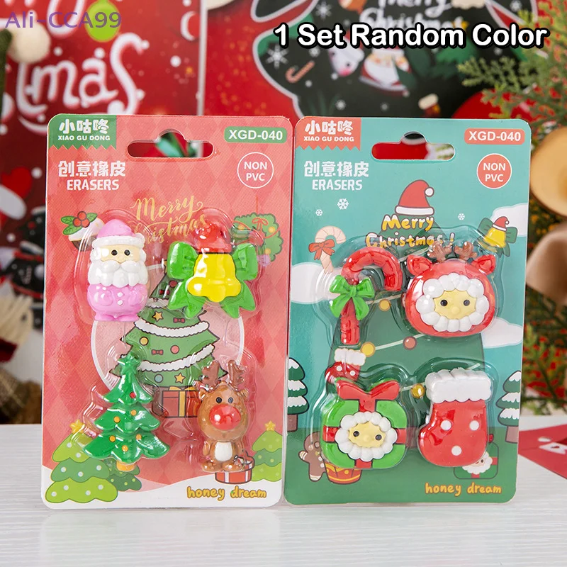 4 Pcs/set Cute Cartoon Santa Claus Reindeer Erasers Kawaii Aesthetic Stationery Kids Eraser Set Student Reward Christmas Gifts