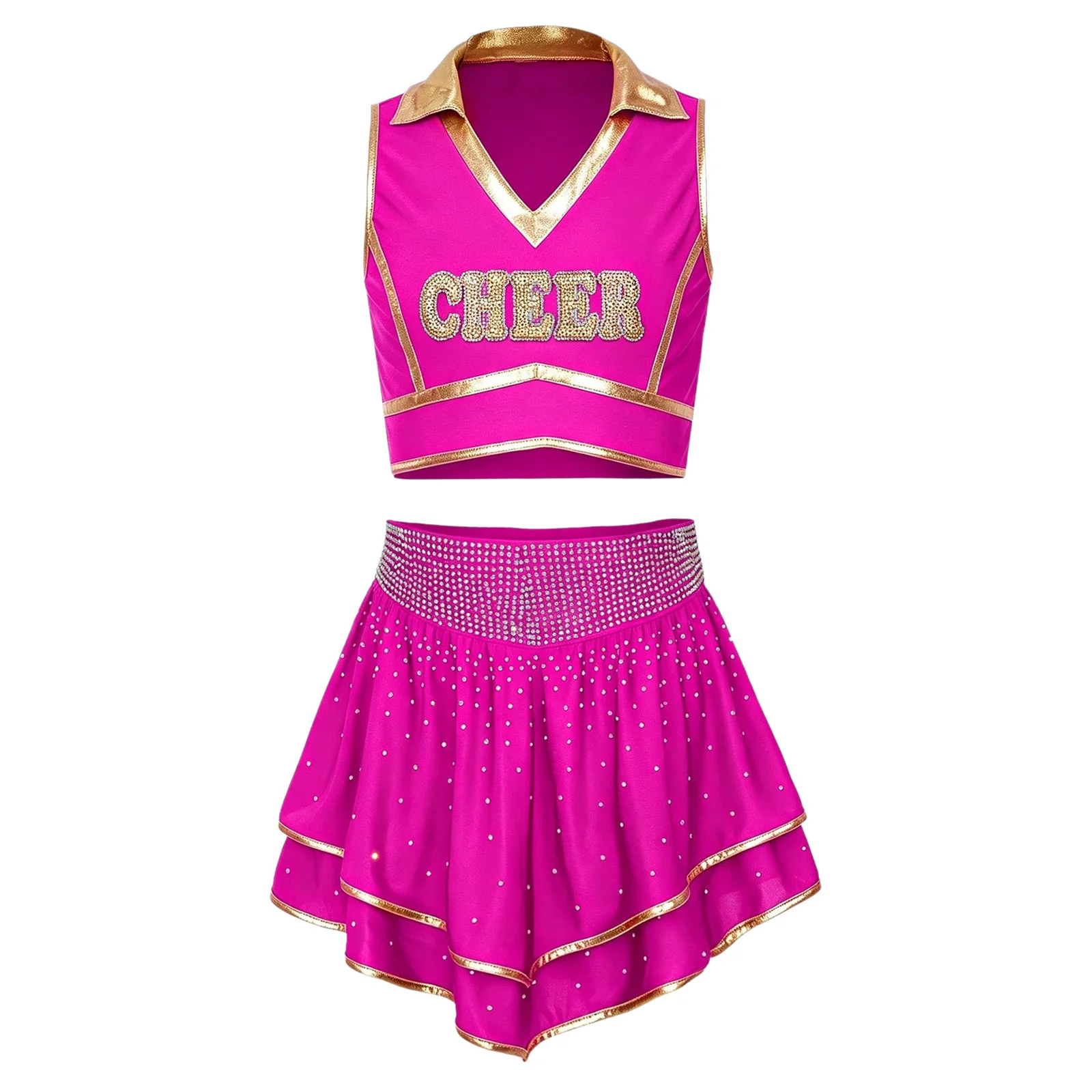 Cheerleader-Kostüm für Mädchen mit Metallic-Besatz, Strass-Cheerleading-Uniform, ärmelloses Crop-Top mit V-Ausschnitt und Rüschenrock – Detail 10