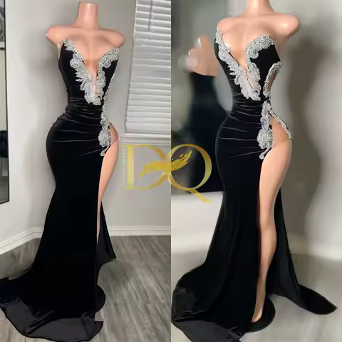 Black Velvet Mermaid Prom Dress For Black Girls 2025 Silver Crystals Applique Side Slit Evening Dress Customized Occasion Dress