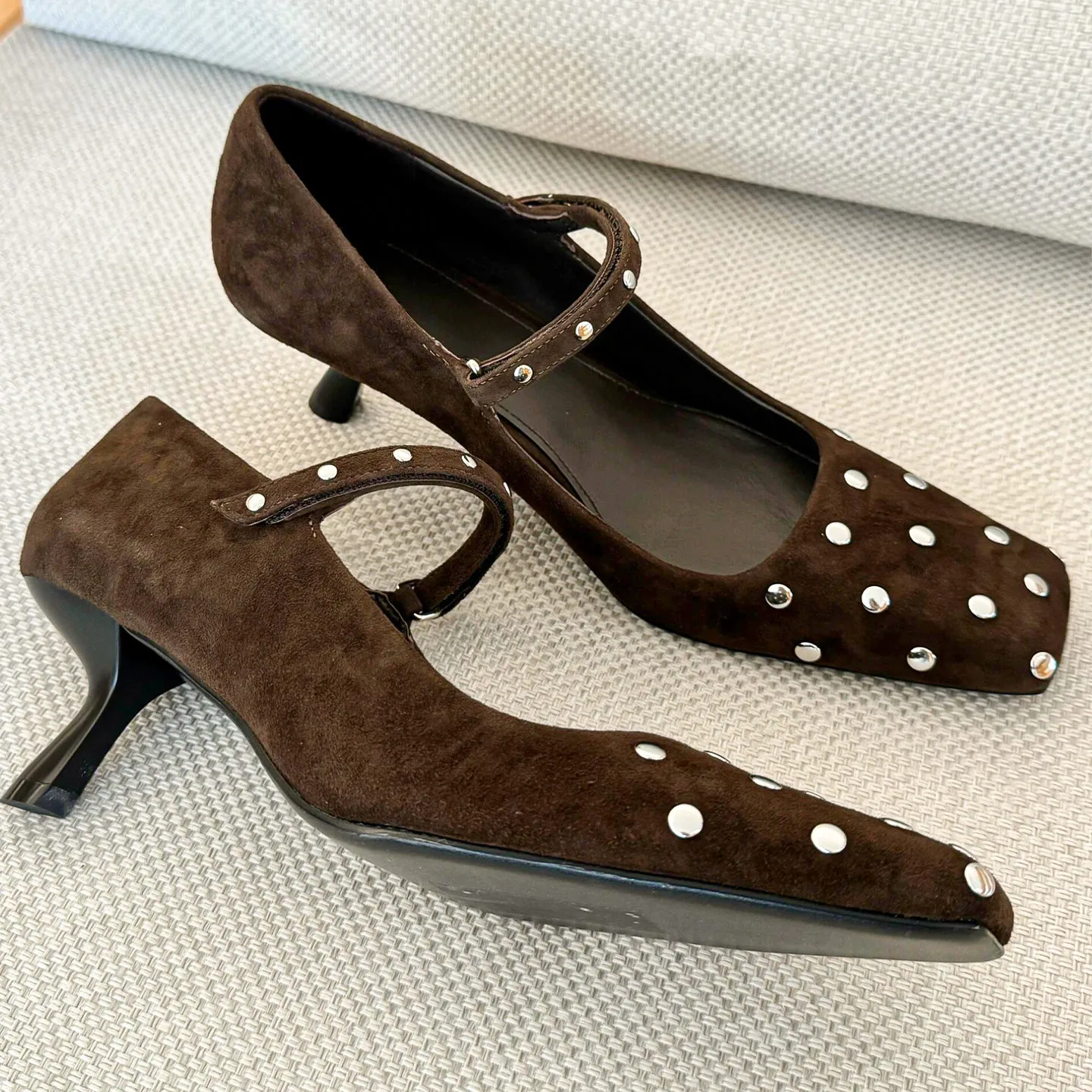 

Rivet Square Toe Lady Shoes Fall High Heels Women Sandals Outdooor Buckle Strap Female Pumps Zapatos Mujer