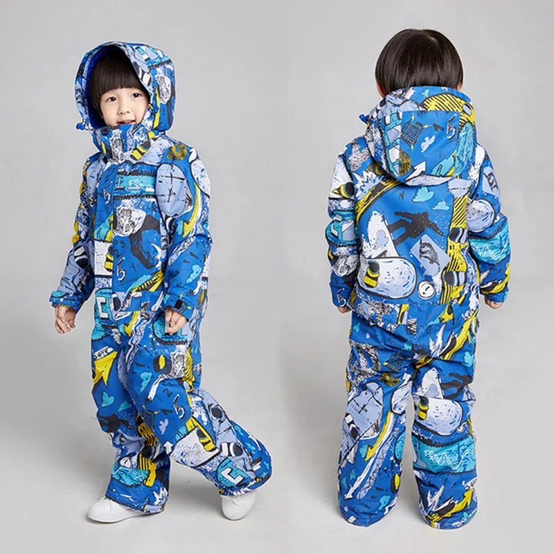 2025 Winter Warme Een Stuk Skipakken Jongen Capuchon Kinderen Overalls Waterdichte Kids Jumpsuits Fleece Baby Sneeuw Set Cartoon Kleding