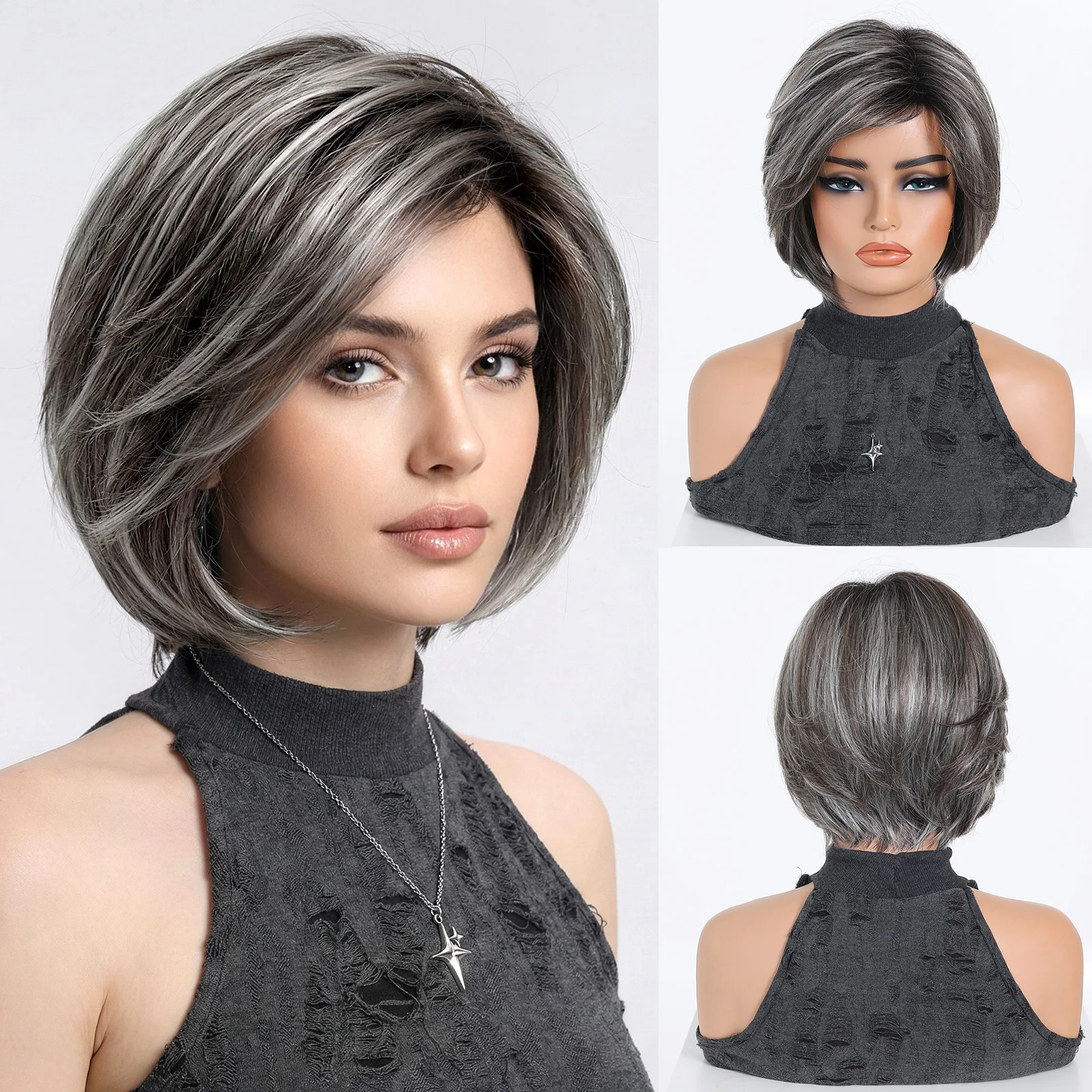 Silver Mixed Short Layered Bob Wig Natural Look with Bangs for Women Daily Fashion Synthetic Hair Heat Resistant