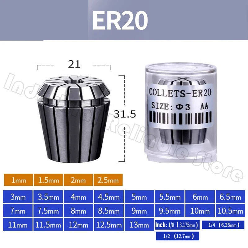 High Quality ER20 Spring Collet 1-13mm 1mm 2mm  3mm 8mm 9mm 10mm 6mm 11mm 13mm Accuracy 0.008 Collect CNC Center